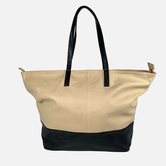Clever Carriage Company Leather Shoulder Tote Bag Beige & Black 22"Wx14.5"Hx6"D - Picture 11 of 11